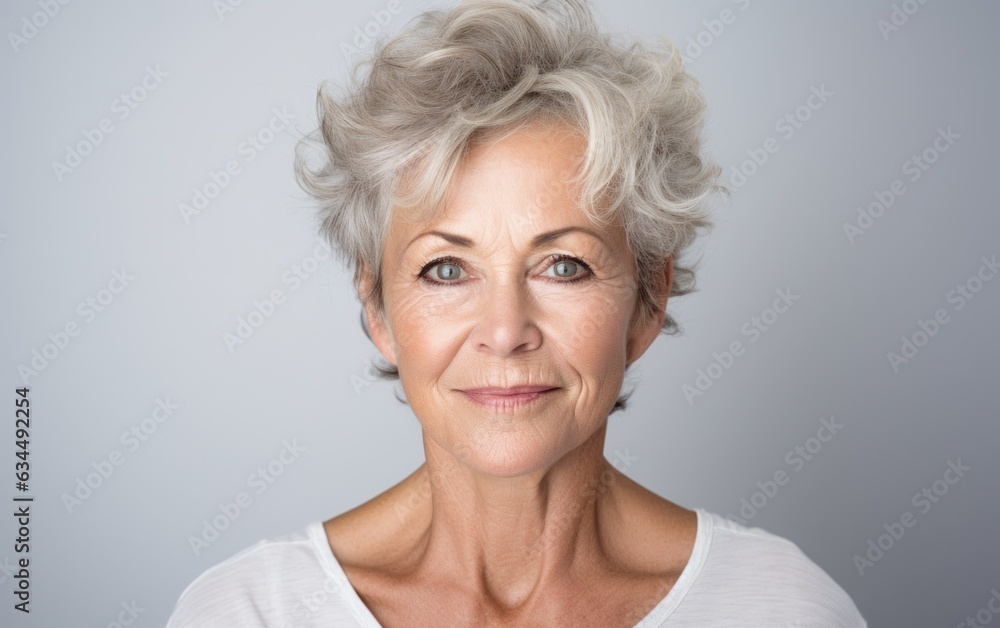 A focused image capturing the beauty and refined grooming of a senior woman on a simple, brightly lit setting. A focused image capturing the beauty and refined grooming of a senior woman on a simple, brightly lit setting.