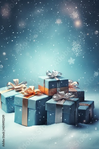 Christmas gifts in the snow, christmas background with copy space. Generative AI © raquel