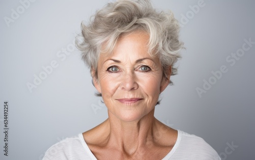A focused image capturing the beauty and refined grooming of a senior woman on a simple  brightly lit setting.