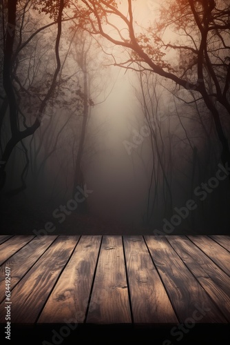 Wooden table in forest at night. Halloween concept, with copy space. Generative AI