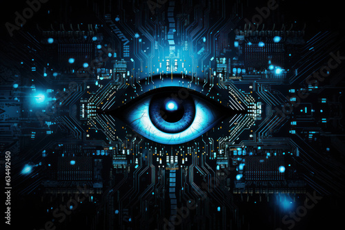 Cyber Security Eye Blue Symbolic Surveillance Over Computer Chip, Generative AI