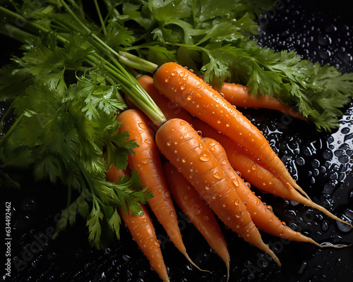 Fresh Carrots with Droplets of Water, Top-View Close-Up Background