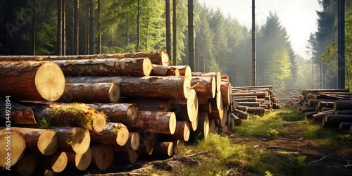 Lumber in the forest, cut wooden logs in the stack. Logging, harvesting wood for fuel and firewood.  photo