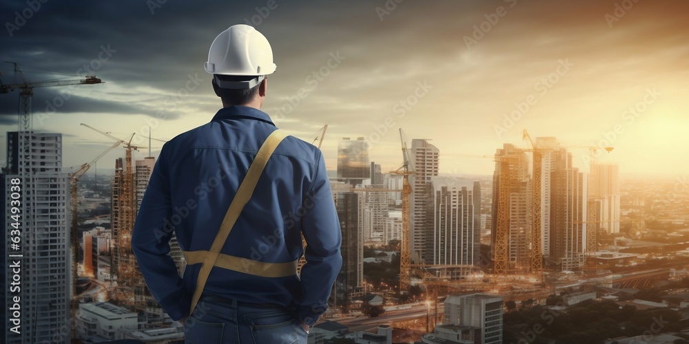 Back View of Civil Engineer with Metropolis Construction Background. Generative ai Back View of Civil Engineer with Metropolis Construction Background. Generative ai