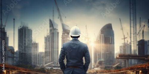 Back View of Civil Engineer with Metropolis Construction Background. Generative ai