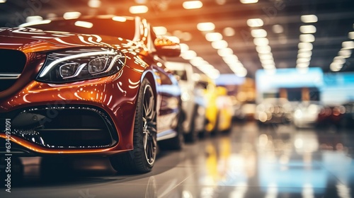 Blurred Background of Luxury Cars in Showroom with Bokeh Lights. Generative ai © Scrudje