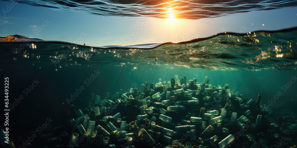 Plastic bottle pollution weakens ocean health, a creative concept of ecological crisis. Discarded plastic bottles underwater in the ocean.