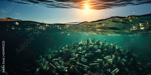Plastic bottle pollution weakens ocean health  a creative concept of ecological crisis. Discarded plastic bottles underwater in the ocean.