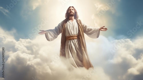 Jesus Christ Ascending to Heaven Amidst Bright Sky and Clouds. Generative ai