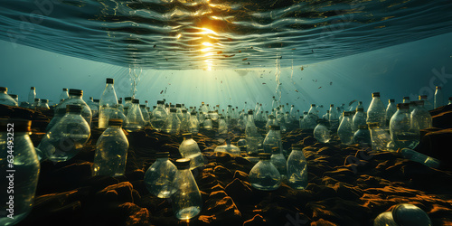 Plastic bottle pollution weakens ocean health, a creative concept of ecological crisis. Discarded plastic bottles underwater in the ocean.
