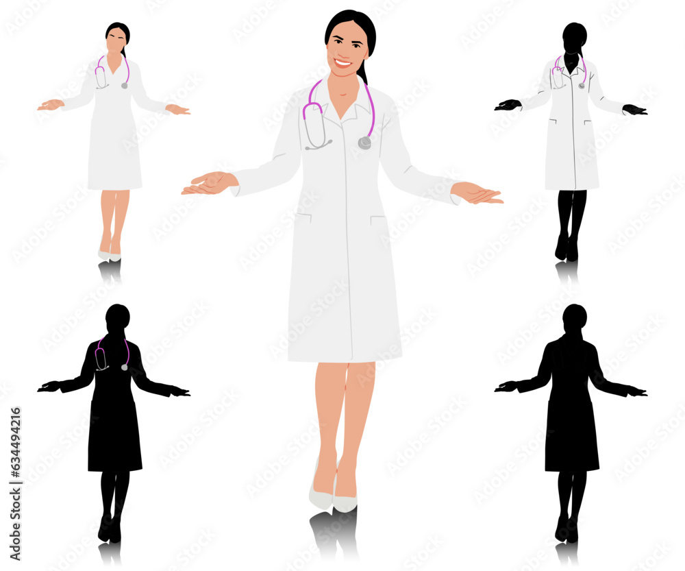 Hand drawn female healthcare worker. Happy smiling doctor in white coat with stethoscope. Medical worker is showing empty space with arms. Vector flat style illustration set isolated on white Hand drawn female healthcare worker. Happy smiling doctor in white coat with stethoscope. Medical worker is showing empty space with arms. Vector flat style illustration set isolated on white