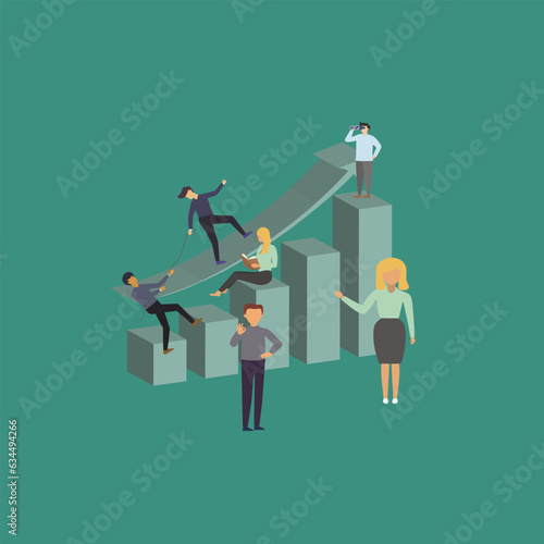 Creative Vector illustration drawing of helping business associates achieve targets, boss monitoring through binoculars, young managers happy with business achievements. Modern Design Illustration