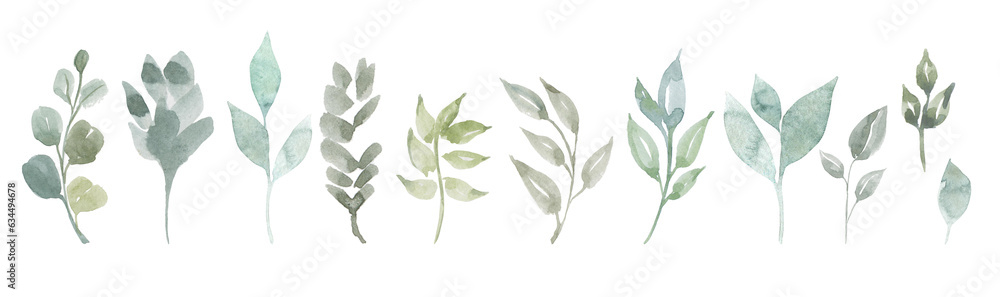 Watercolor green, mint, lilac wild leaves set. Isolated on white background. Hand drawn floral illustrations. For wallpaper, postcard, print, invitations, patterns, poster, packaging, linens etc