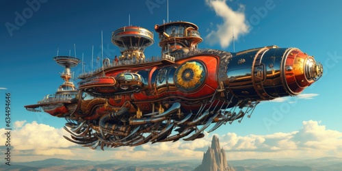 illustration of a futuristic flying military airship cruiser, generative AI