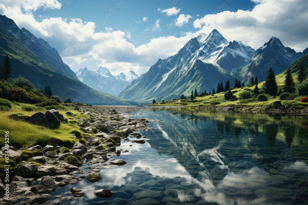 Serene lake nestled amidst mountains, with clouds partially concealing the peaks. Generative Ai.