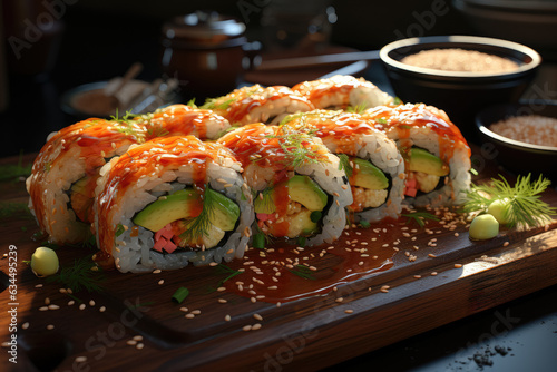 Sushi roll filled with succulent salmon and shrimp tempura. Generative Ai.