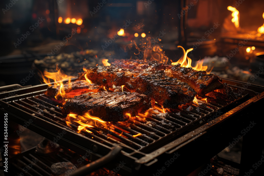 Set against a backdrop of flames, charcoal for barbecue takes center stage, evoking a fiery ambiance. Generative Ai.