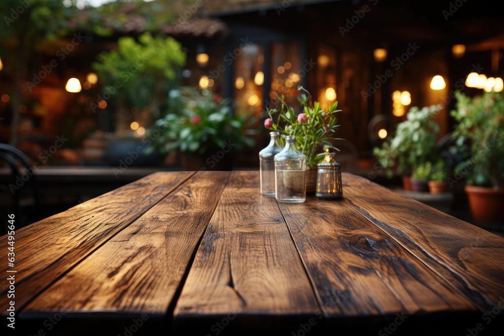Empty wooden table top against a blur background, exuding an exuberant ambiance. Generative Ai. Empty wooden table top against a blur background, exuding an exuberant ambiance. Generative Ai.