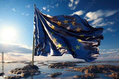 Flags representing the European Union flutter harmoniously on a clear day, symbolizing unity and cooperation. Generative Ai. photo