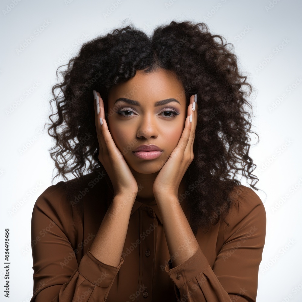 Naklejka premium A beautiful African American woman with her hands up to her face with a tired, overwhelmed expression. Generative AI.