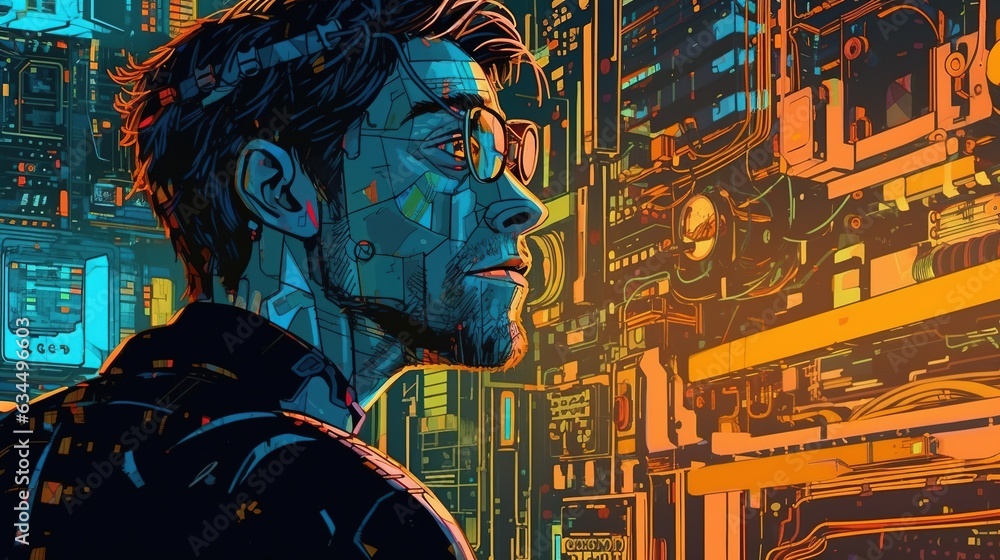 The concept of artificial intelligence, a man watches the process . Fantasy concept , Illustration painting. The concept of artificial intelligence, a man watches the process . Fantasy concept , Illustration painting.