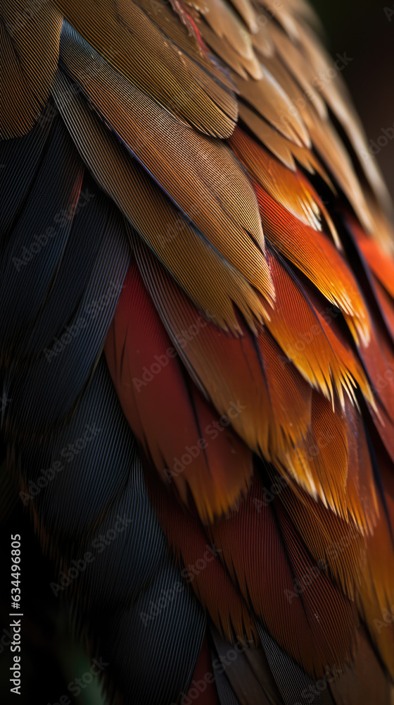 Fototapeta premium close up of colorful animal feathers. Post-processed generative AI