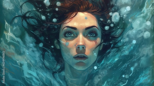 Portrait of a girl under water . Fantasy concept   Illustration painting.