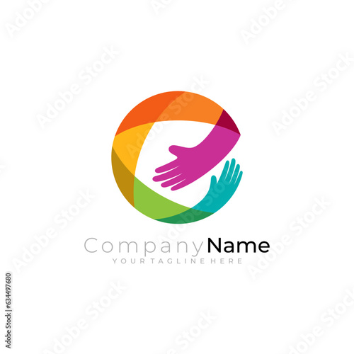 Letter E logo with hand acre design combination, colorful style