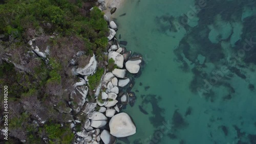 Colombian coastal serenity: aerial drone journey through Tyrona national park drone footage of nature shoreline (ID: 634498200)