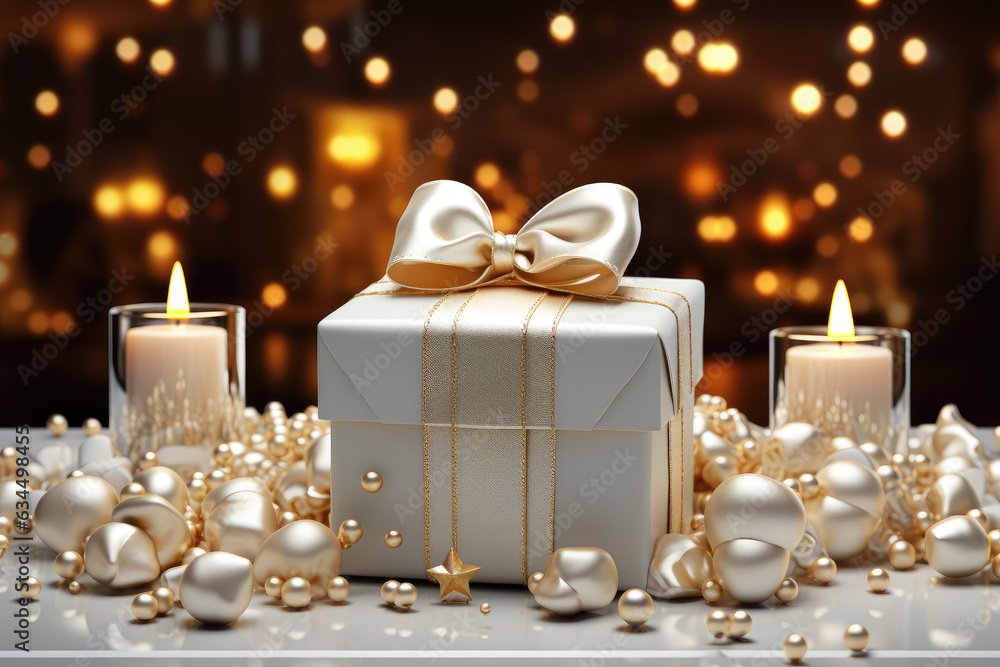 Christmas 3D-style product podium scene with flying falling white gift box with a gold bow. Merry Christmas and New Year festive banner design. Greeting card. Generative Ai.