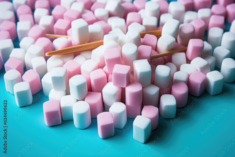 Sugar cubes on a blue background. Generative Ai. Sugar cubes on a blue background. Generative Ai.