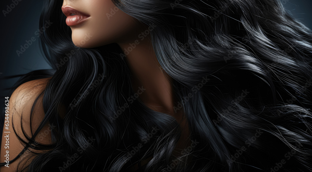Isolated on a black background, a wavy strand of black hair emits a glowing effect. This close-up photo showcases the shine, beauty. Generative Ai. Isolated on a black background, a wavy strand of black hair emits a glowing effect. This close-up photo showcases the shine, beauty. Generative Ai.
