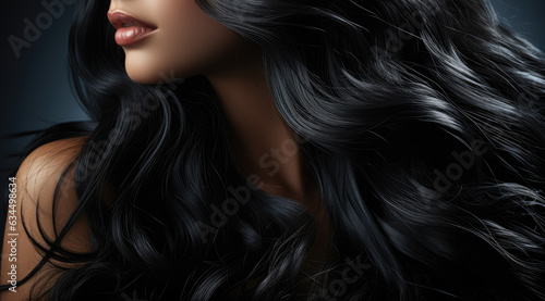 Isolated on a black background, a wavy strand of black hair emits a glowing effect. This close-up photo showcases the shine, beauty. Generative Ai.