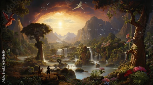 Fényképezés A lush depiction of the Garden of Eden, presenting nature's untouched splendor and divine serenity