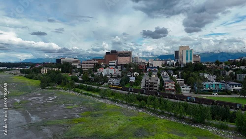 Downtown Anchorage Alaska with Alaska Railroad Aerial