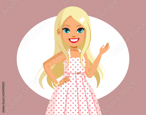 Vector illustration of blonde woman with fashionable white and pink dress dot patterned