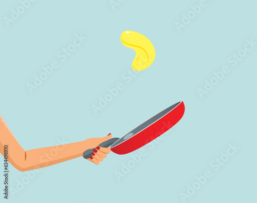 Vector illustration of female hand holding frying pan cooking omelette