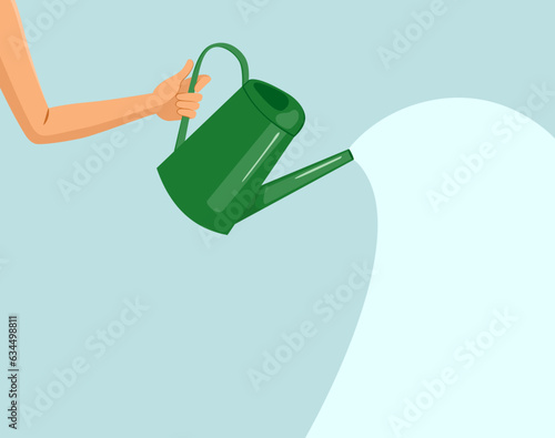 Vector illustration of hand holding watering can pouring water