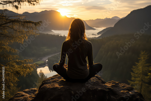 A person practicing yoga on a scenic mountaintop, reflecting balance and well-being. Generative Ai.