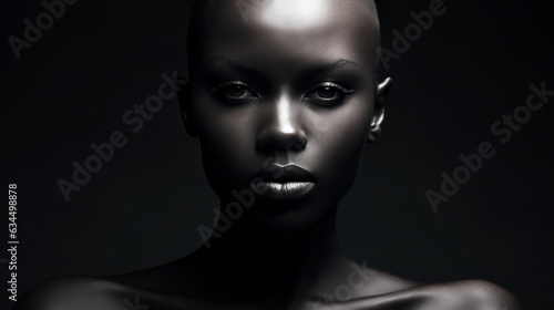 Beautiful young woman without hair. Fashion model face close up portrait