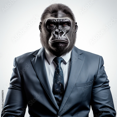 Gorilla wearing a suit isolated on a light grey background. Hyperealistic anthropomorphic animal portrait. AI rendered image. © Laser Eagle