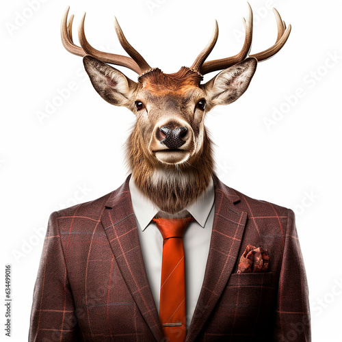 Red deer wearing a suit isolated on a white background. Hyperealistic anthropomorphic animal portrait. AI rendered image.