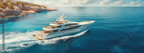 Aerial drone view of luxury yacht speed boat cruising in high speed in the ocean