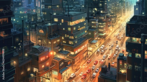 A cityscape with interconnected objects like streetlights, cars, and buildings, showcasing the integration of IoT technology into urban environments