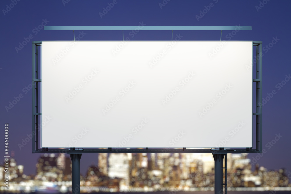 Blank white billboard on cityscape background at evening, front view. Mock up, advertising concept Blank white billboard on cityscape background at evening, front view. Mock up, advertising concept