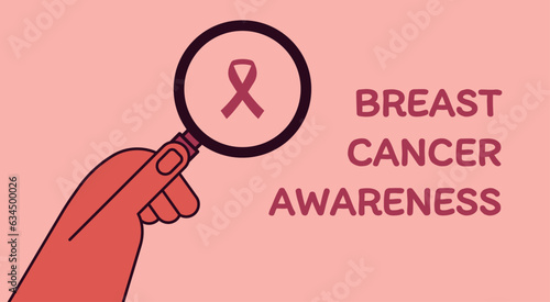Cancer Awareness and Detection, Woman Hand with Magnifying Glass on Pink Ribbon, Vector Flat Medical Illustration