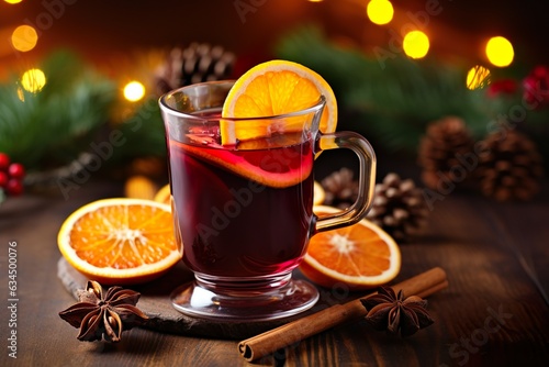 Christmas mulled red wine with aromatic spices and citrus fruits on a wooden rustic table, close-up. Traditional hot drink at Christmas time | Generative AI