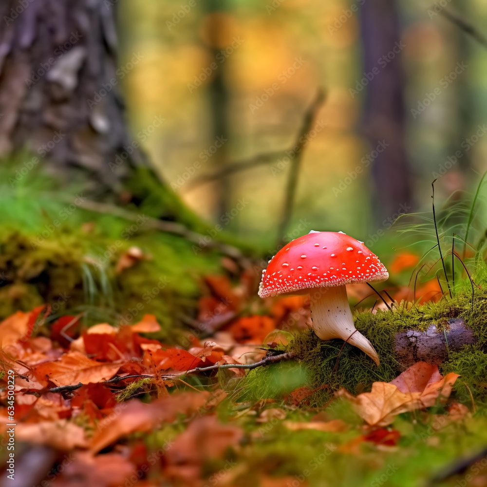 mushrooms in Autumn forest field ,Rowan berry branch,morning dew water drops and grass mushrooms in Autumn forest field ,Rowan berry branch,morning dew water drops and grass