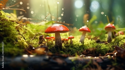 mushrooms in Autumn forest field  Rowan berry branch morning dew water drops and grass