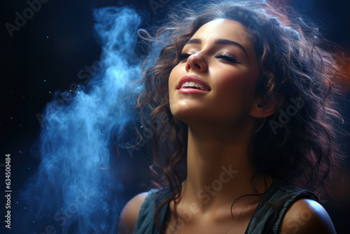 Beautiful woman floating in colored smoke. The concept of beautiful photos of a woman in smoke, dust. Generative Ai.